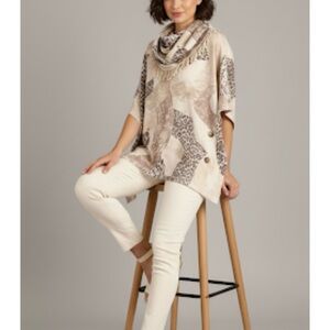 Multiples Ivory Beige Animal Print Cowl Neck Fringe Kimono Sleeve Poncho M